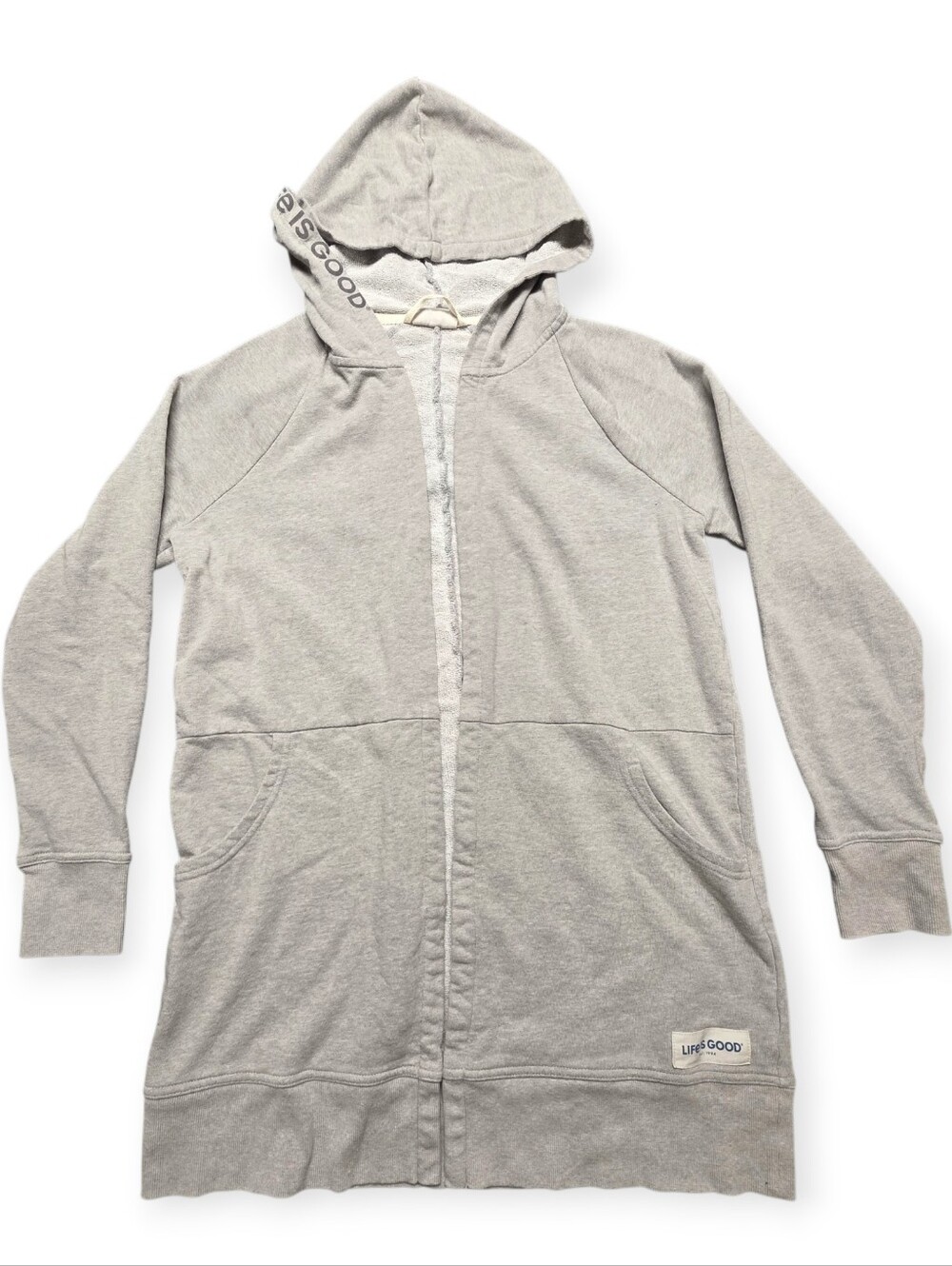 Life is Good Heather Gray Beyond Hip Long Open Front Hoodie Cardigan